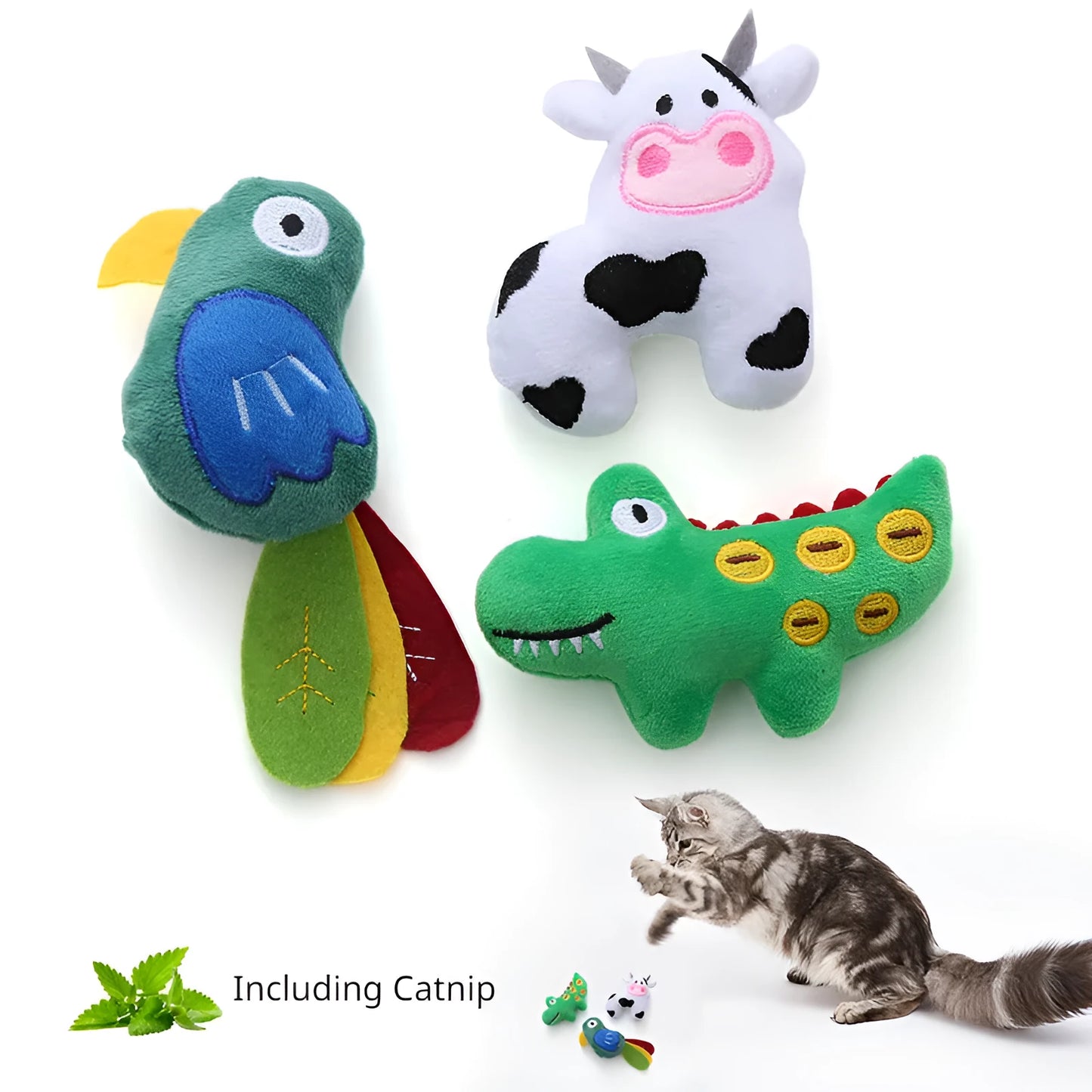 Plush cat toy in cow, crocodile, or parrot shape with colourful fabric and embroidered details.