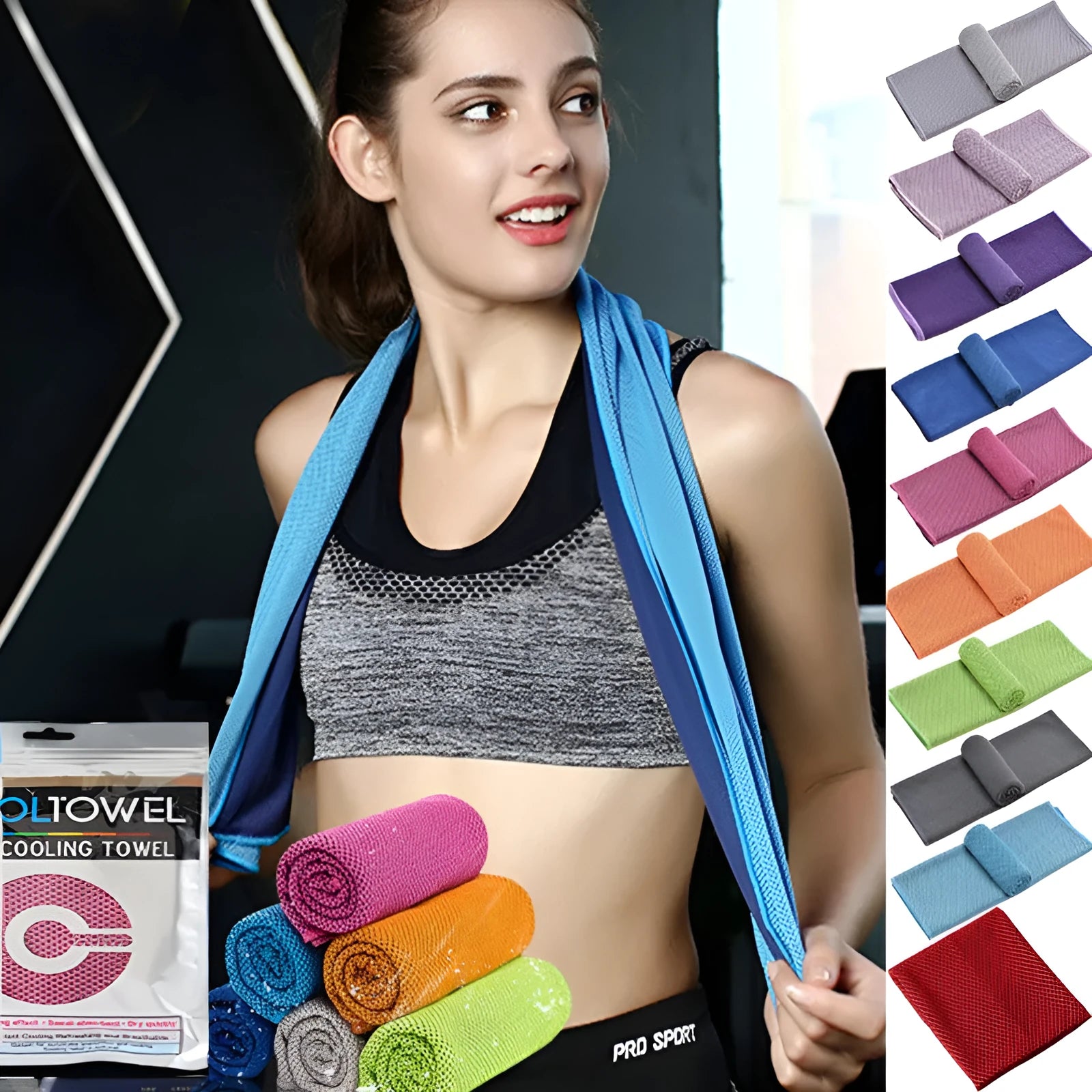 Microfiber sports cooling towel in various colours showing 30x100cm dimensions