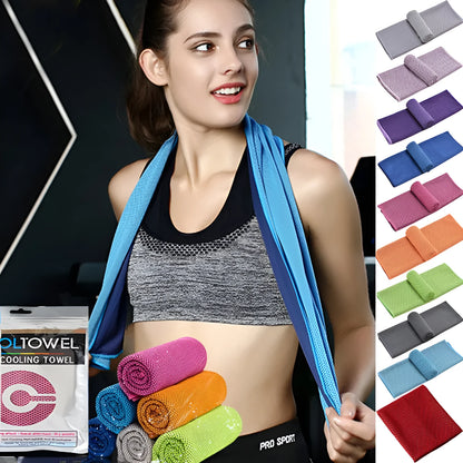 Microfiber sports cooling towel in various colours showing 30x100cm dimensions