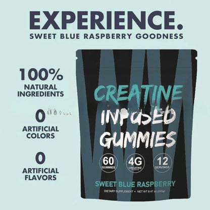 Box of 60 creatine monohydrate gummy nutritional supplements with room temperature storage