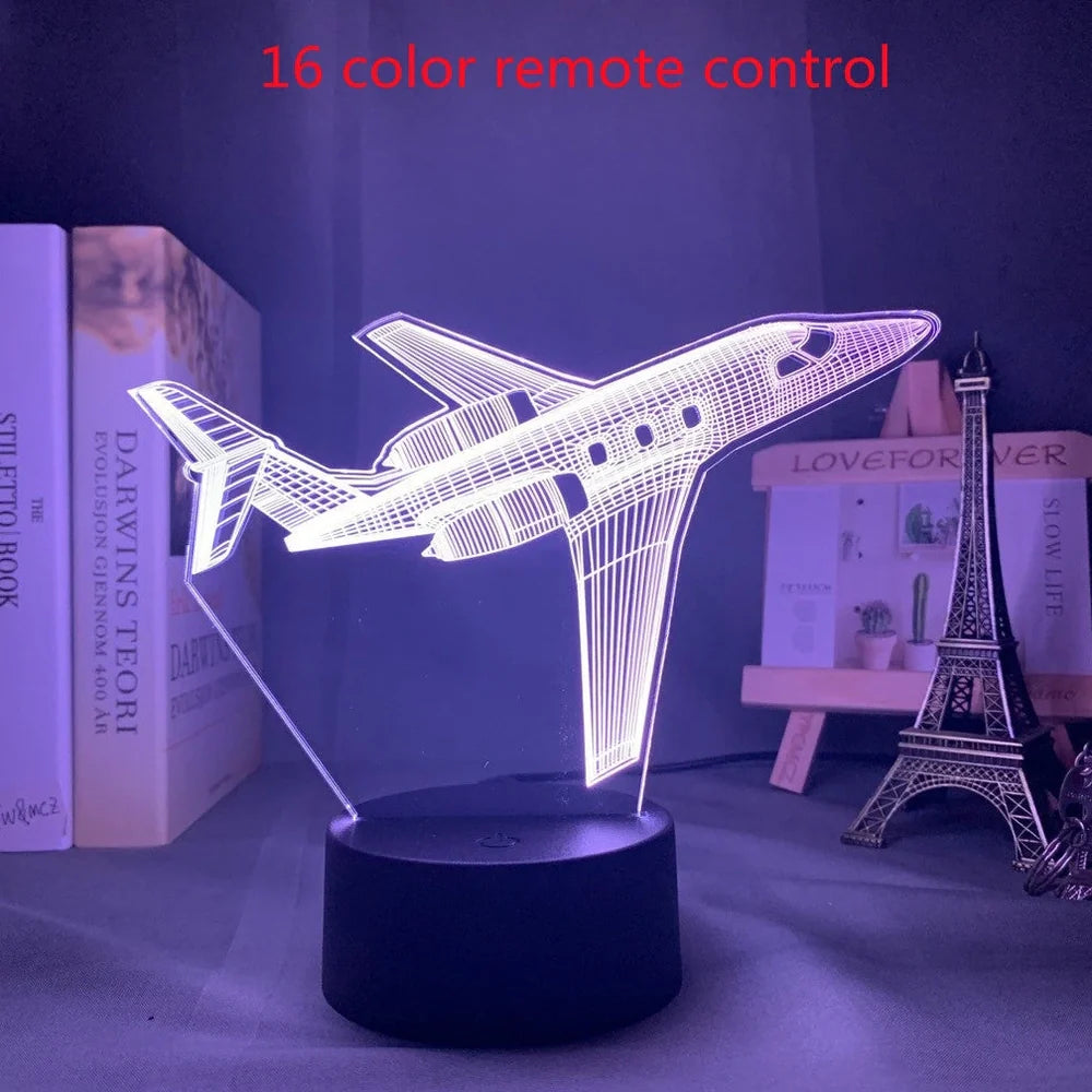 Custom 3D aeroplane hologram night light with personalised name, showing optical acrylic panel and ABS base