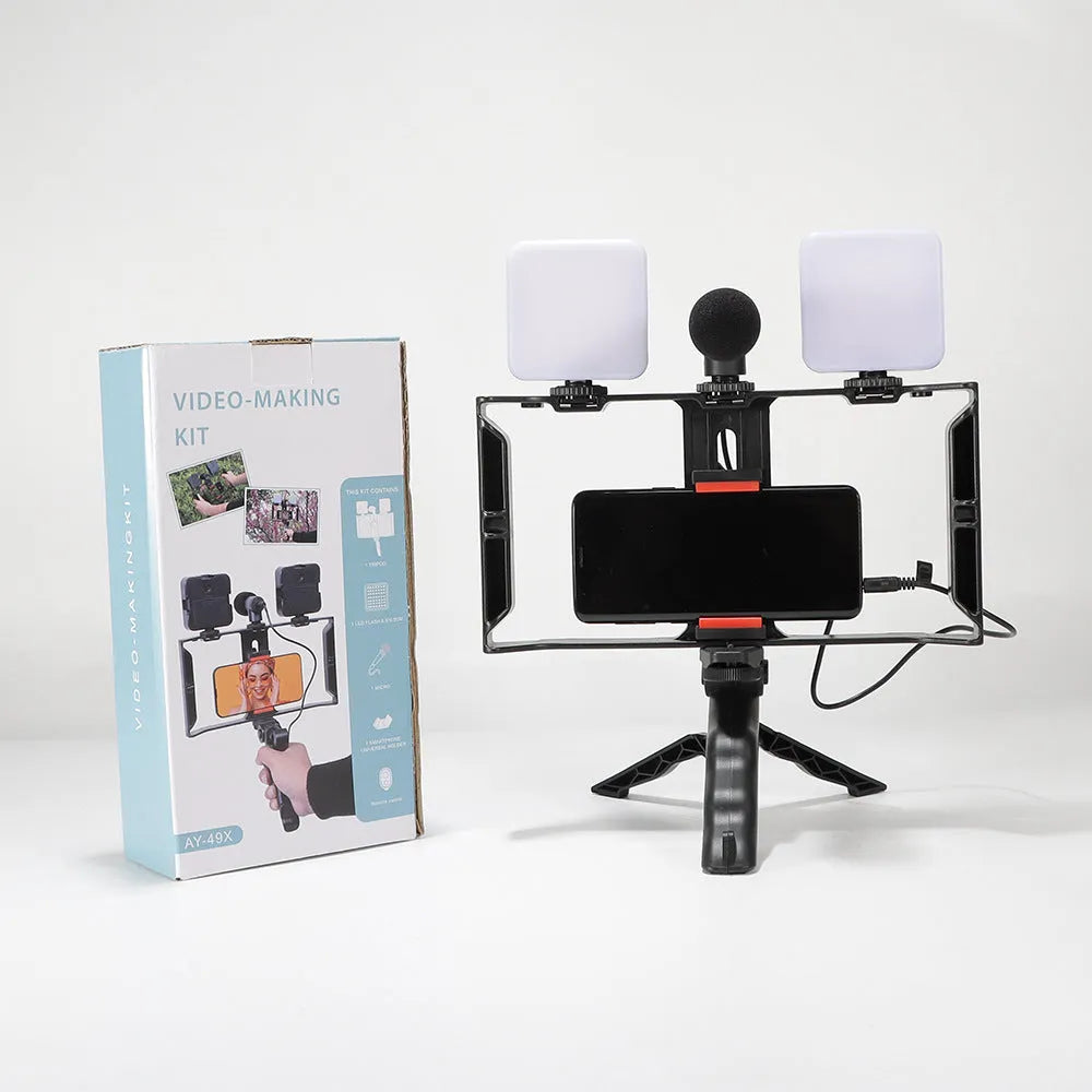 Square LED camera flash with universal hot shoe mount and rotatable head, shown with optional octopus stand tripod.