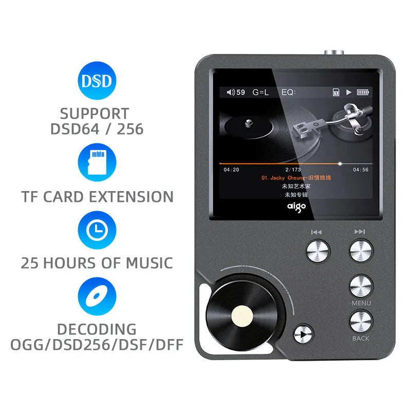 Master HIFI Lossless DSD256 Music Player 128GB 64GB No Card USB 2.0 Push-Button 2inch Screen 1500mAh 25 Hour Portable Silver Gray