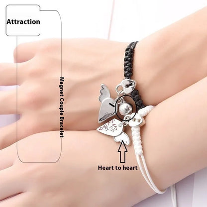 A pair of magnet couple bracelets with a suction clasp, showing various design options like clovers, crowns, and hearts.