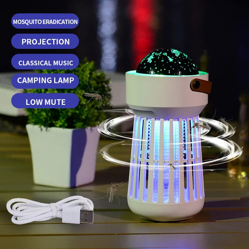 White electric mosquito killer lamp with star projection and folding handle for 20m² coverage
