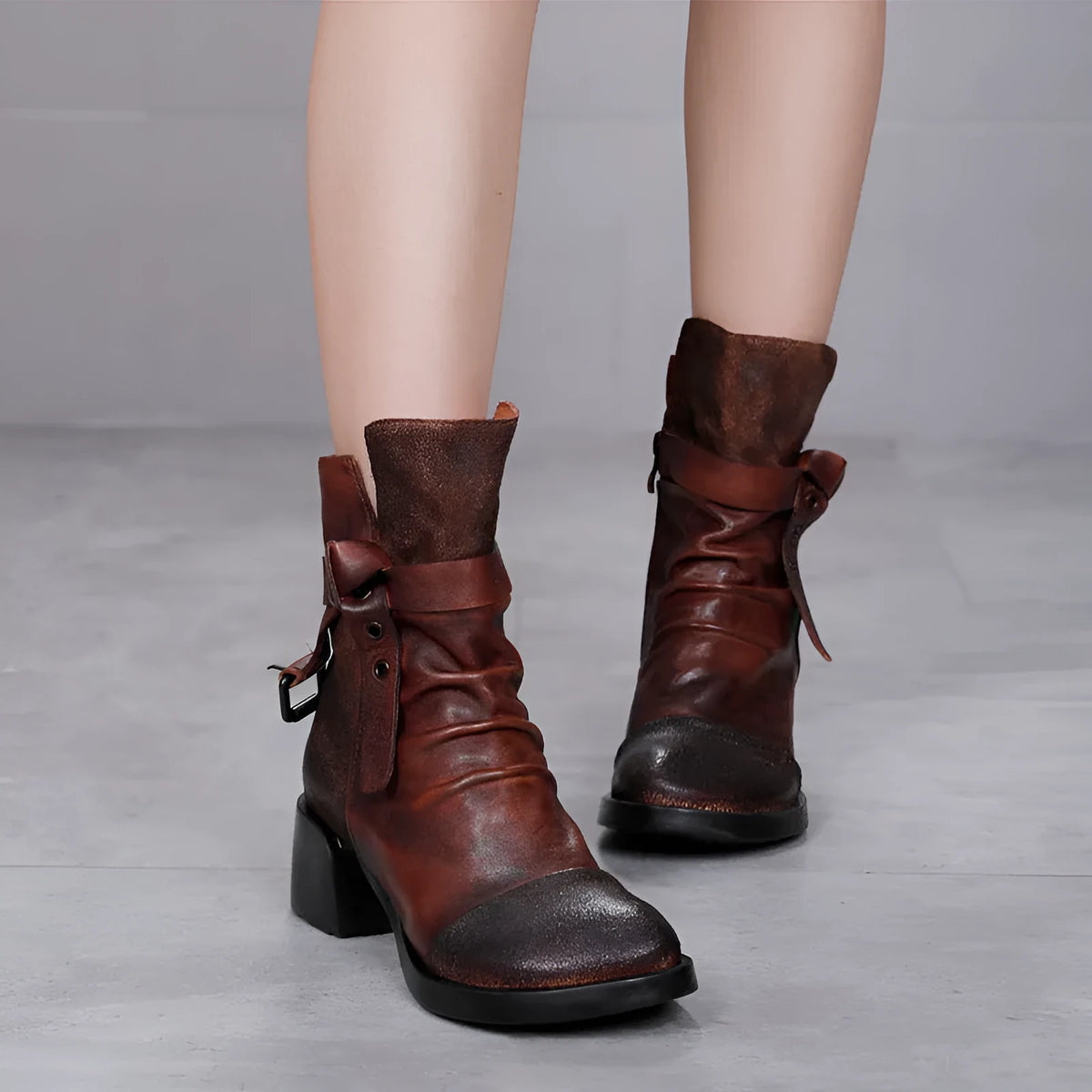 Women's black retro ankle boots with chunky heel and round toe made from genuine leather