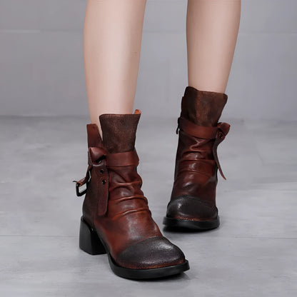 Women's black retro ankle boots with chunky heel and round toe made from genuine leather