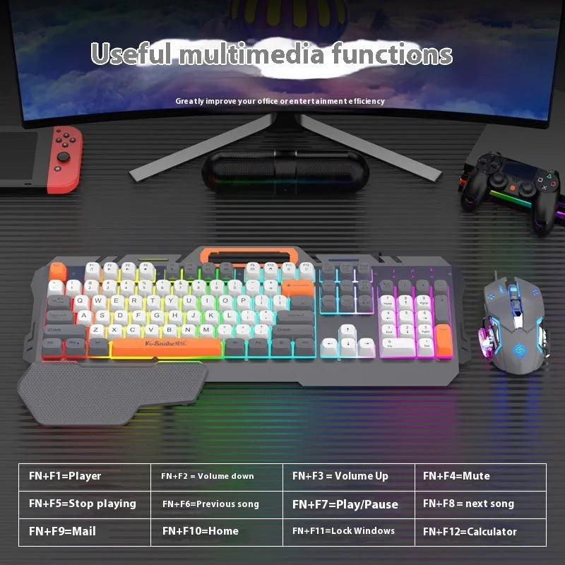 Blue wired gaming keyboard and mouse combo with backlit keys on dark surface