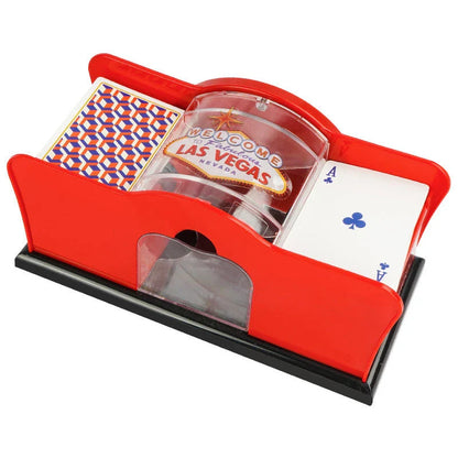 A manual card shuffler made of durable ABS material with a smooth hand crank for easy shuffling of playing cards for poker, blackjack, and other card games.