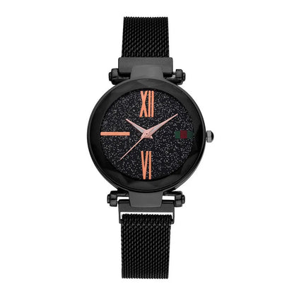 Ladies quartz watch with stainless steel magnet band in choice of six colours on wrist.