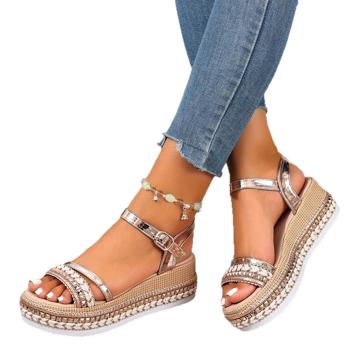 Women's gold wedge sandals with woven detail and round toe design