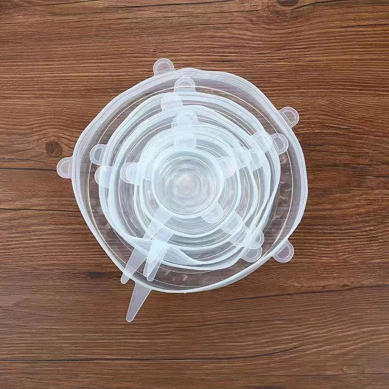 Six silicone stretch lids in graduated sizes from 6.5cm to 20.5cm diameter for covering bowls and jars