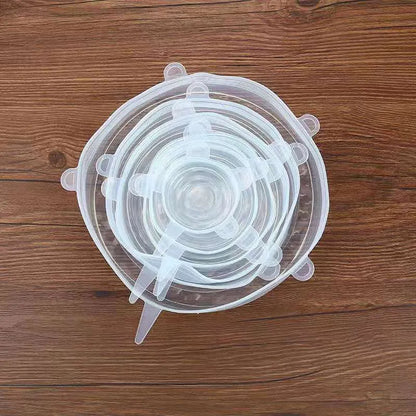 Six silicone stretch lids in graduated sizes from 6.5cm to 20.5cm diameter for covering bowls and jars