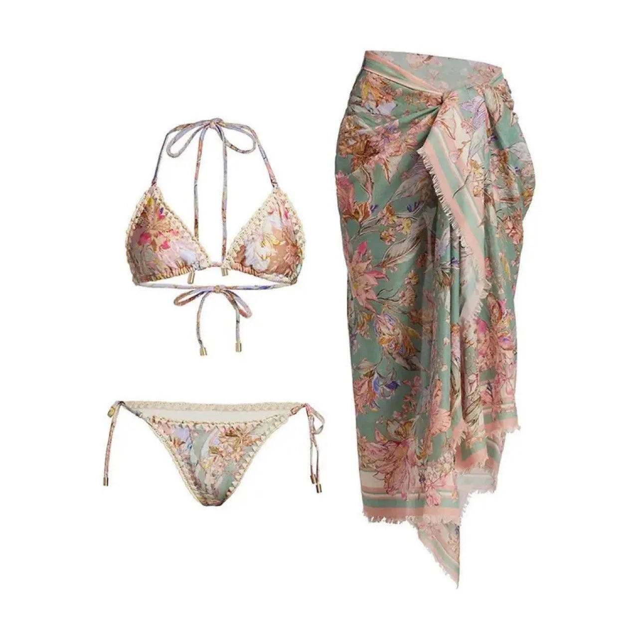 Women's creamy-white floral bikini suit with detachable skirt for beach and water sports