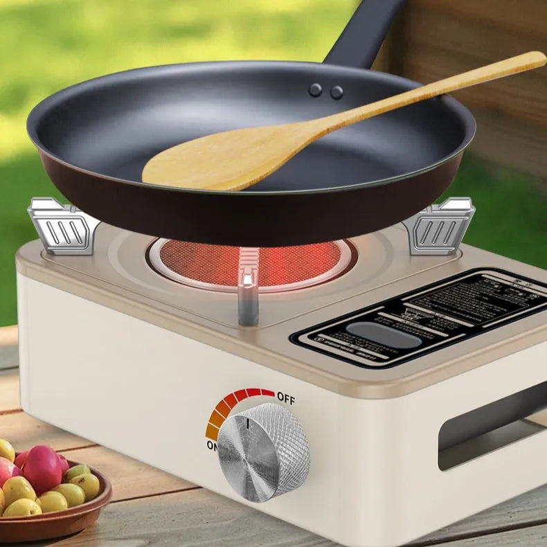 Portable gas stove for outdoor cooking, no open flame infrared design for windproof performance and fierce fire output, stainless steel construction suitable for 2-5 people in white colour