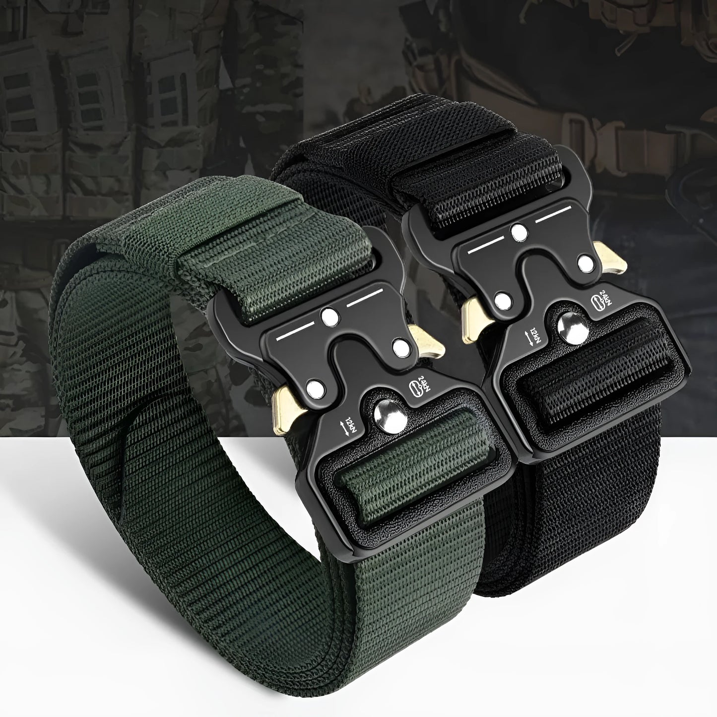 Men's thick canvas tactical belt with an alloy release buckle, shown in multiple colour options.