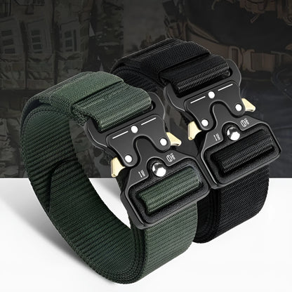 Men's thick canvas tactical belt with an alloy release buckle, shown in multiple colour options.