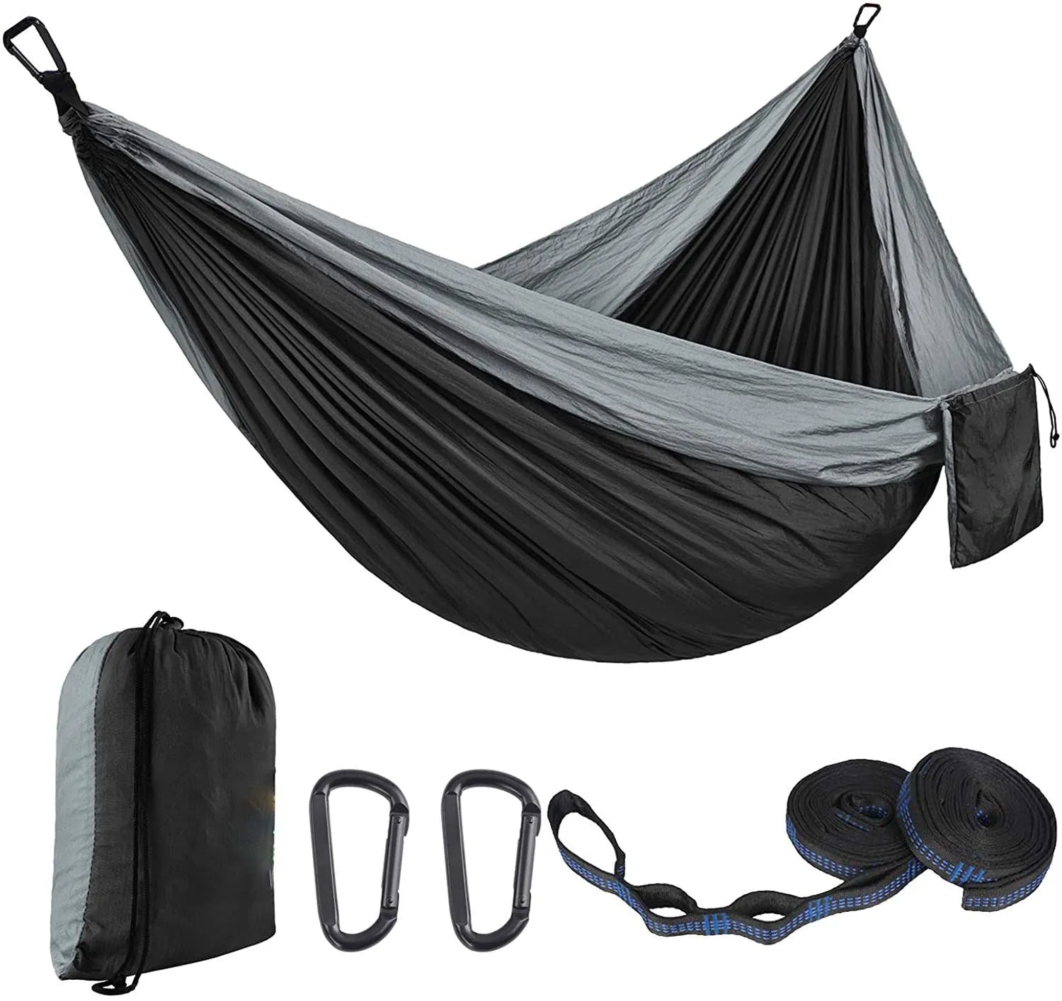 Parachute cloth double camping hammock in chosen colour, with black buckles and round ropes on a tree.