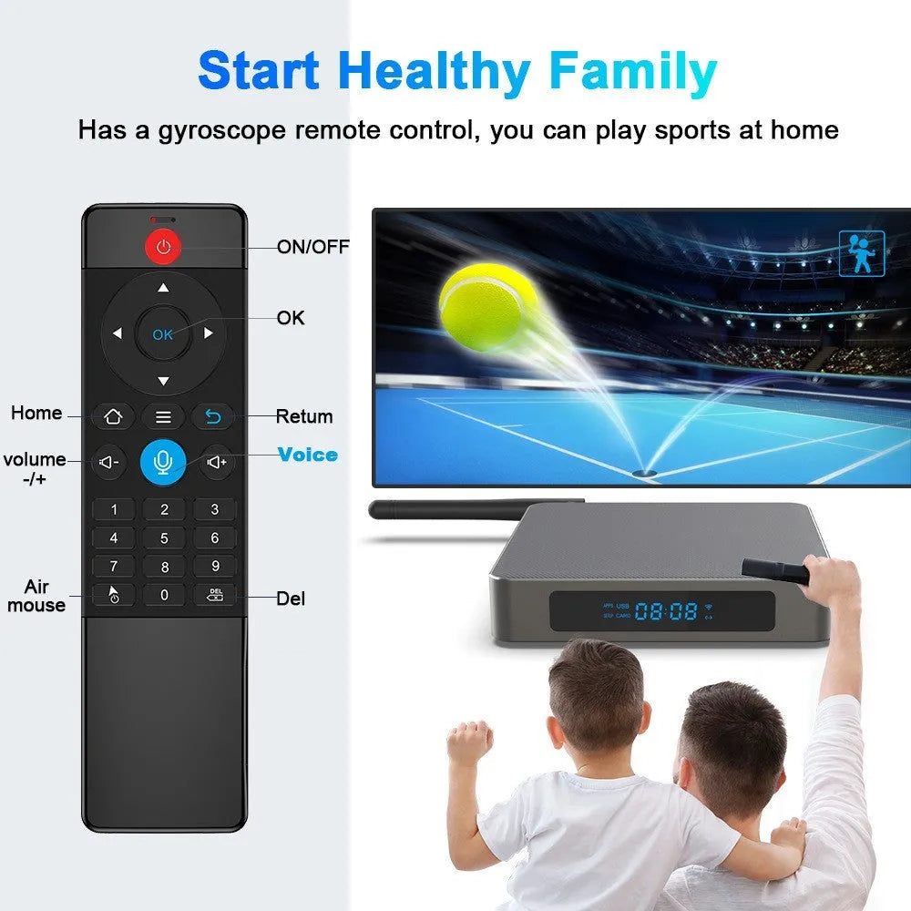Android TV set-top box with remote control, supporting 8K resolution and Bluetooth.