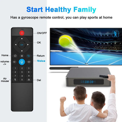 Android TV set-top box with remote control, supporting 8K resolution and Bluetooth.