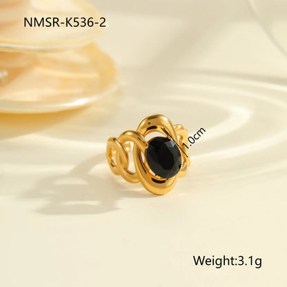 Geometric design stainless steel ring for women with inlaid zircon stones, open mouth free size