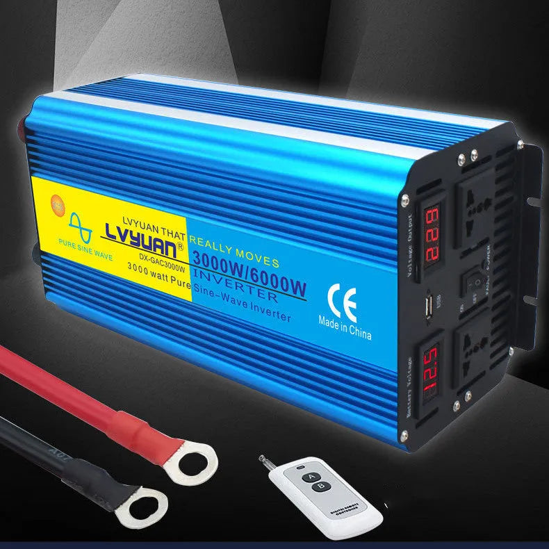 High Power 3000W 6000W 12V to 220V Dual Digital Display Pure Sine Wave Inverter for Car with Remote Control, Blue UK Output Socket, 41x18x14cm Size, Suitable for 12V/24V/48V/60V/72V Systems, 90% Conversion Efficiency