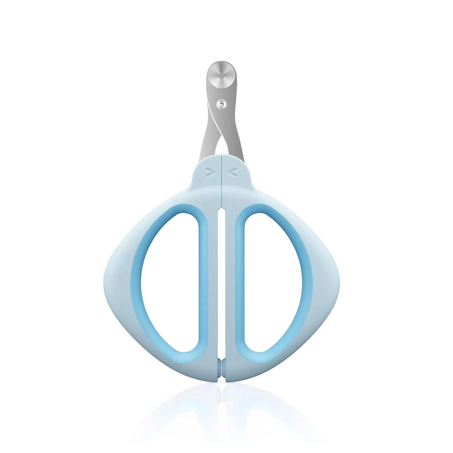Blue cat nail clipper with a round safety-guide hole and stainless steel blade on a non-slip handle.