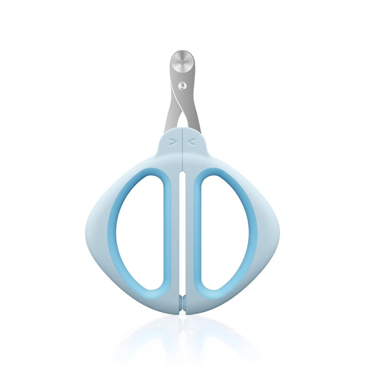 Blue cat nail clipper with a round safety-guide hole and stainless steel blade on a non-slip handle.