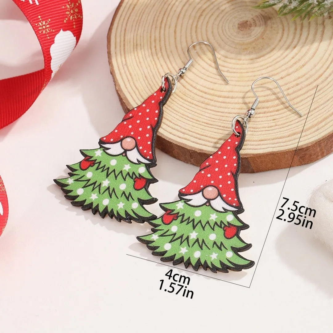 Geometric wooden Christmas earrings with printed Santa Claus motifs in Christmas tree and water drop snowman designs