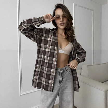 Dark brown women's retro striped long sleeve shirt with regular fit, shown in pocket and pocket-free styles.