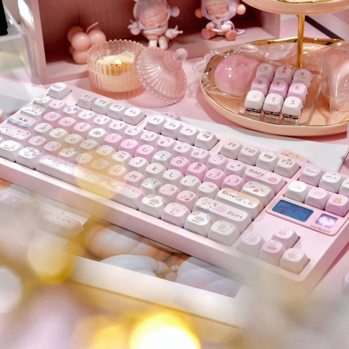 Pink MOA height mechanical keyboard key cap set with cartoon design on all five sides