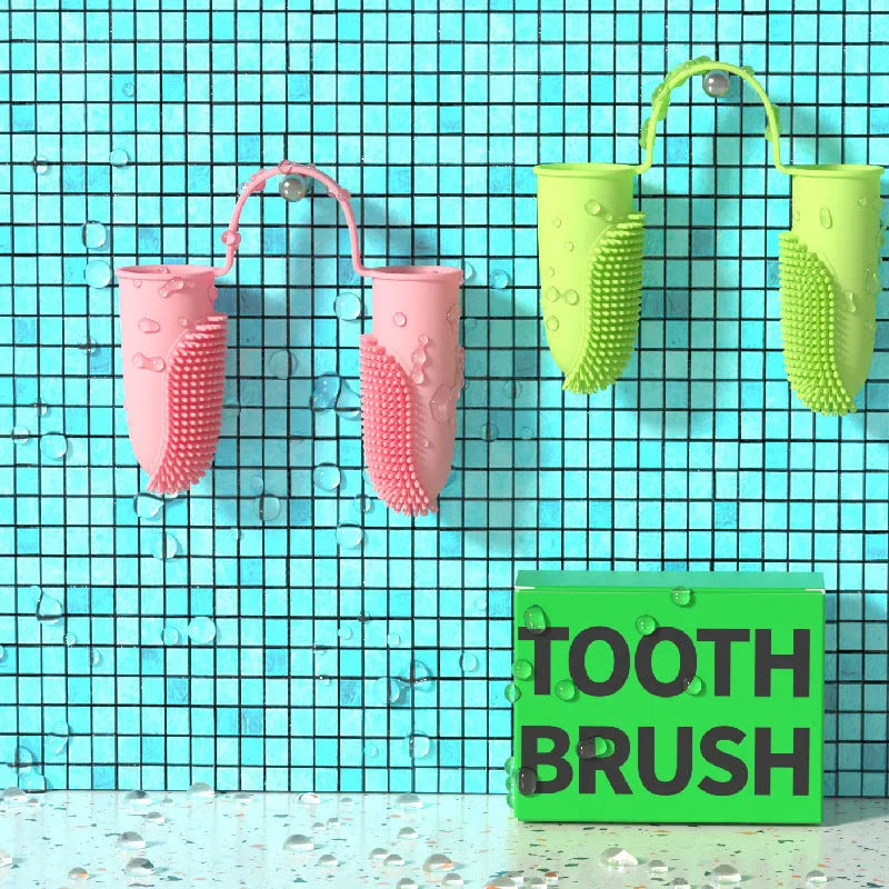 Pet dental finger cleaning set with double brush design in TPR material for tooth stain removal