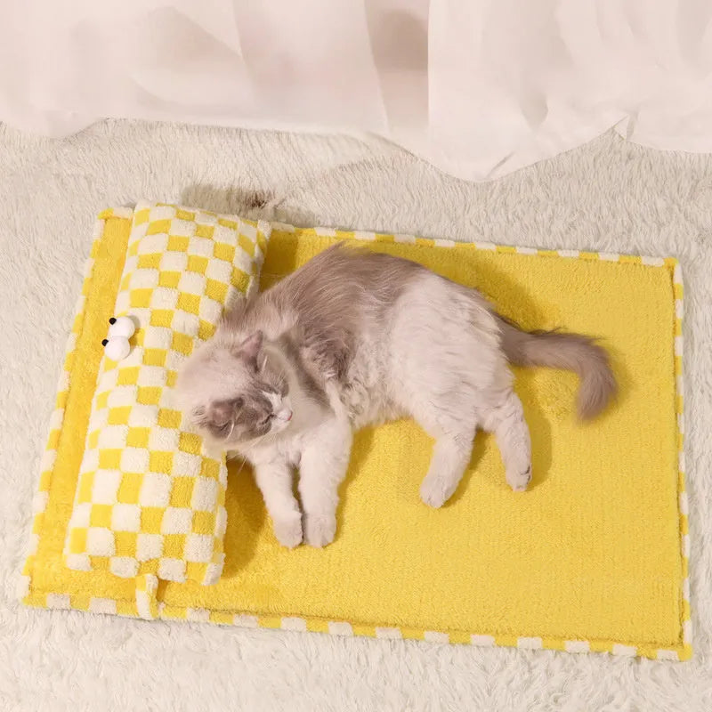 Grey and yellow universal pet cushion shown in four sizes: small, medium, large, and extra-large for cats and dogs.