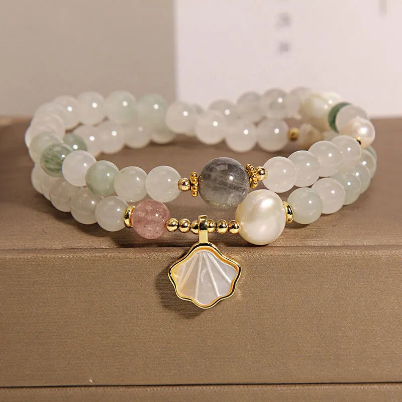 Women's crystal bracelet with Tianshan Jade ginkgo leaf pendant and gold-plated gemstone decoration