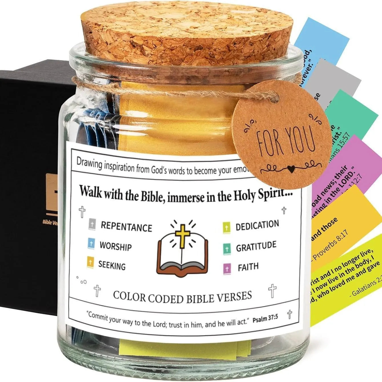 Glass Bible verses jar with cartoon design containing 90 rolled scripture papers in multiple colour options