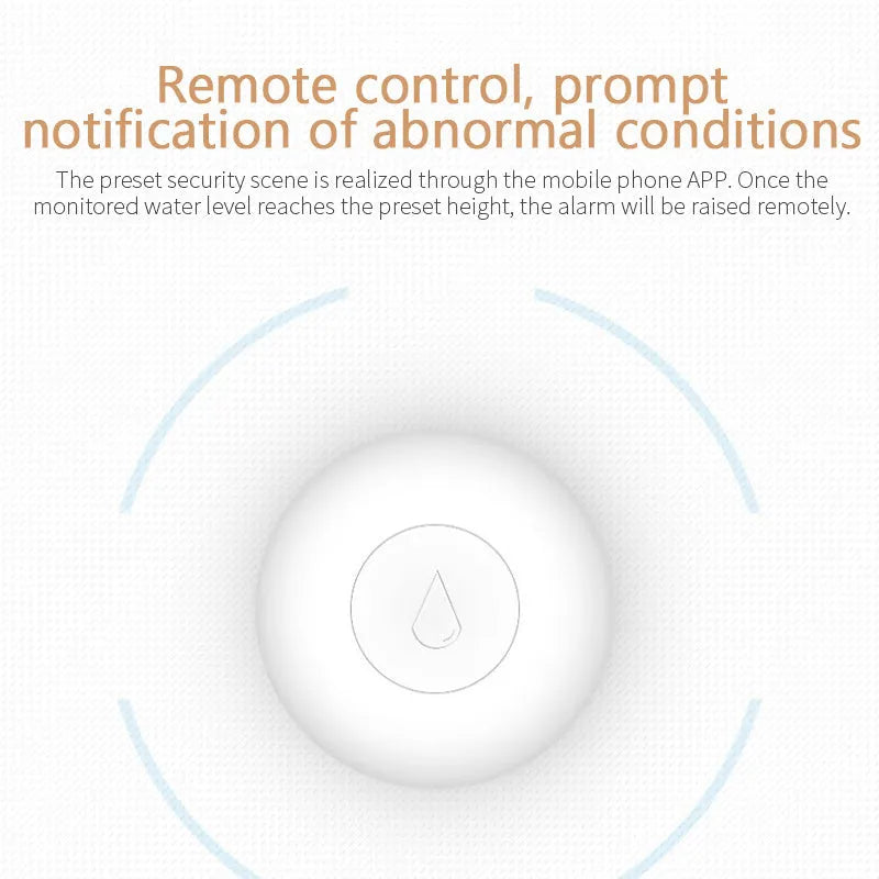 A small, white, rectangular Zigbee wireless water flood sensor for smart homes.