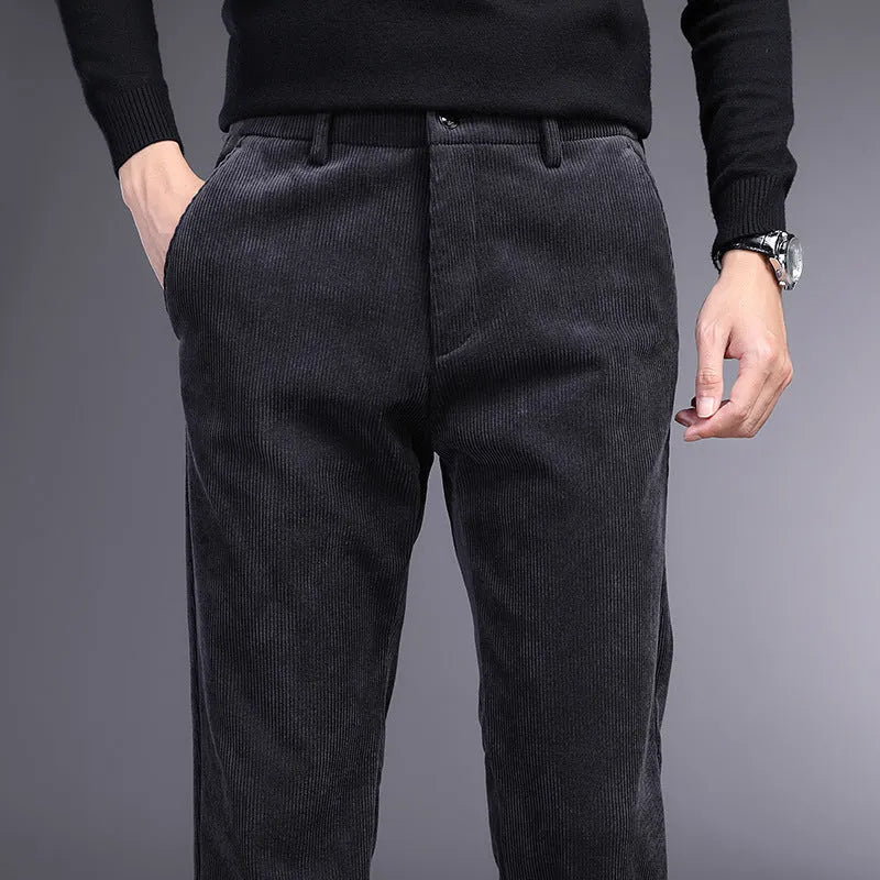 Men's trousers, British retro middle-aged and elderly striped pants, long straight leg style, zip placket fly, polyester fibre viscose spandex blend, size 30 to 42, colours black coffee dark blue khaki dark grey