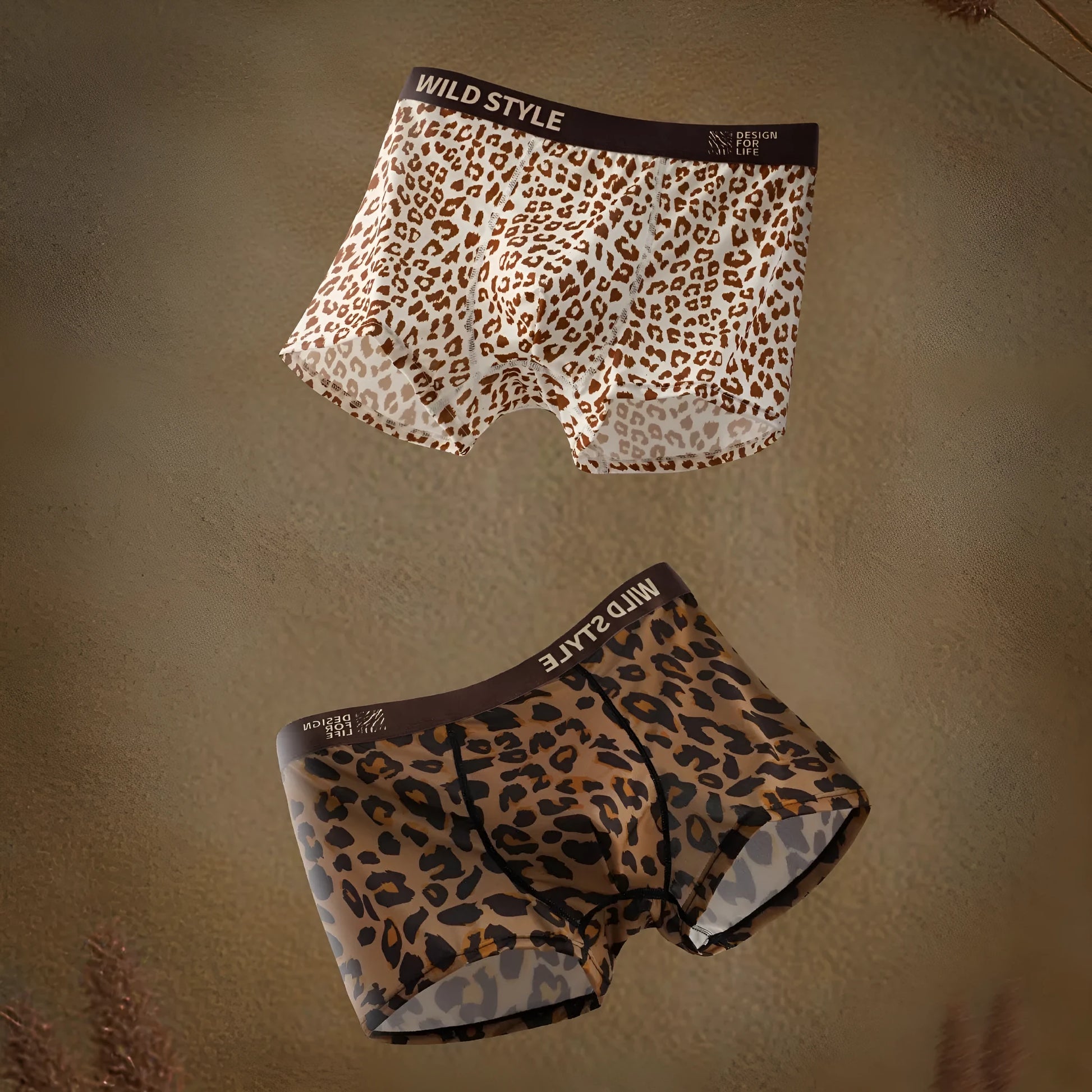 Men's leopard print polyester underwear trunks in mid waist style on a white background.