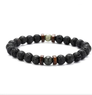 A stylish and durable men's bracelet made with volcanic stone, flash stone, and wood chips