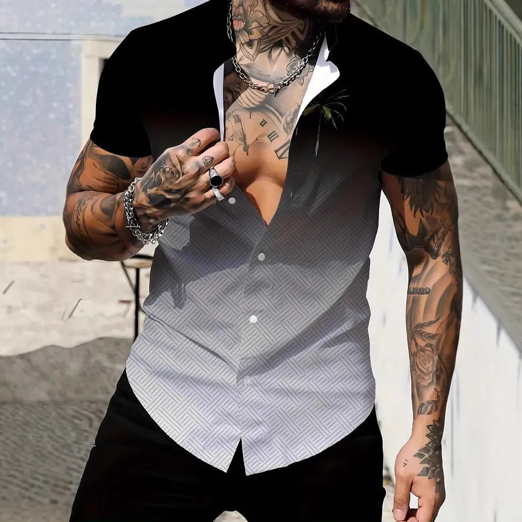 Men's geometric line printed short sleeve shirt with lapel collar in slim fit styling