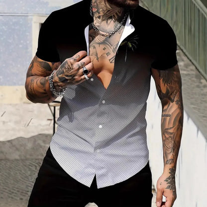 Men's geometric line printed short sleeve shirt with lapel collar in slim fit styling