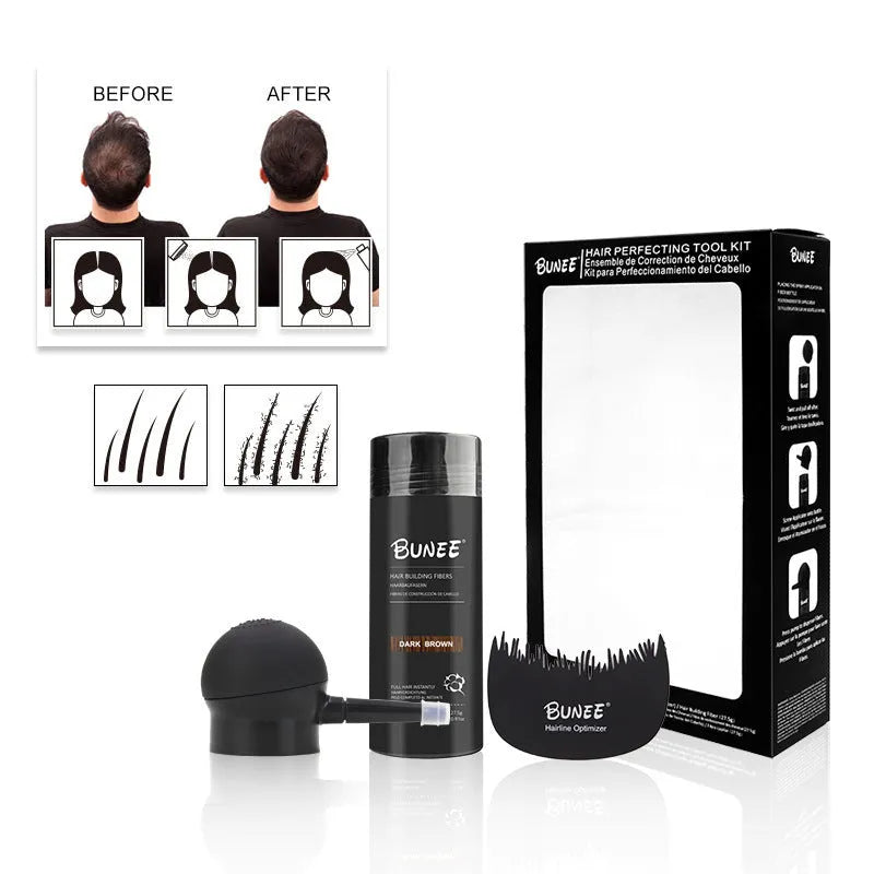 Boxed three-piece set of dense hair building fibre powder in nine colour options