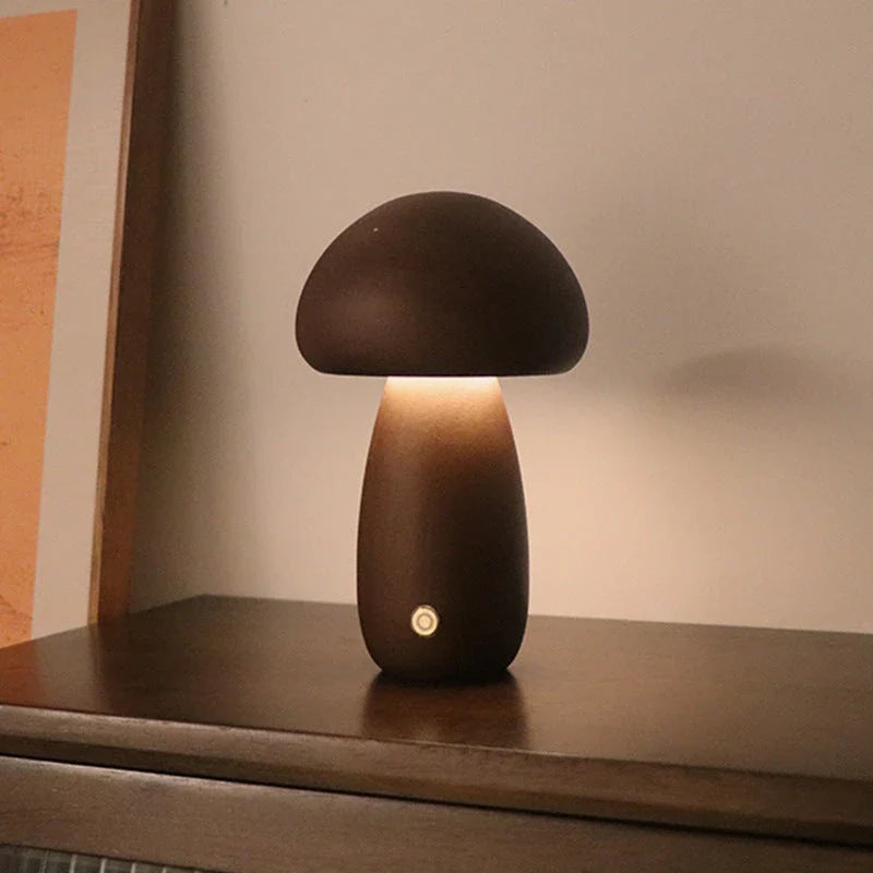 Charming wooden mushroom-shaped LED night light with touch control for bedroom, nursery, or living room decor