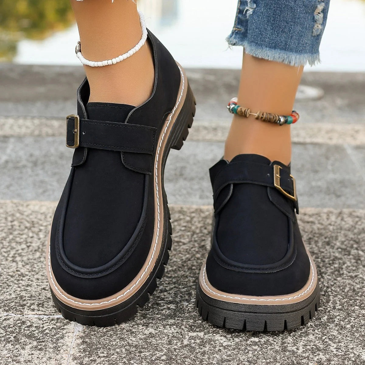 British-style women's buckle loafers with thick sole for added height