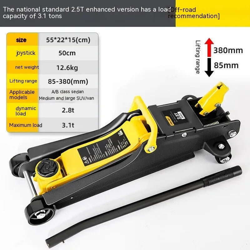 Horizontal hydraulic trolley jack for car tyre changes with low profile design and handle