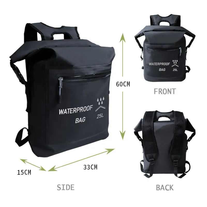 Black 25 litre waterproof backpack for outdoor water activities including swimming and rafting