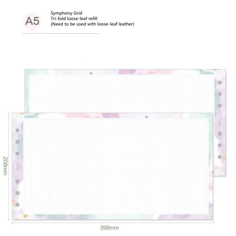 A7, A5, and A6 handbook loose-leaf refill pack showing floral and symphony tri-fold design options.