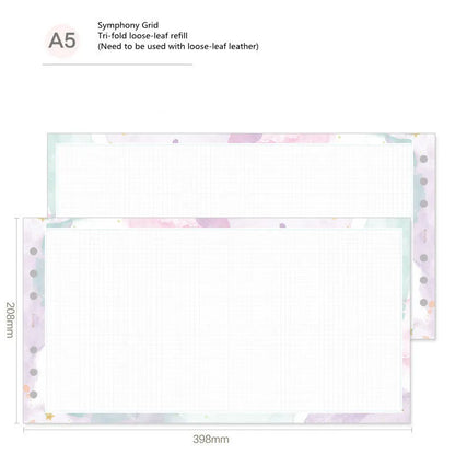A7, A5, and A6 handbook loose-leaf refill pack showing floral and symphony tri-fold design options.