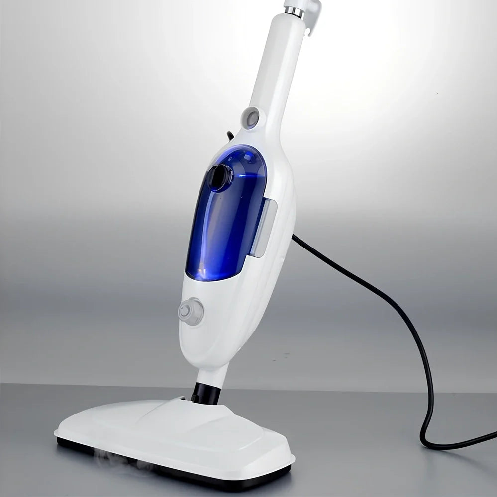 White multifunctional steam mop with 22x29x120cm dimensions, 10-in-1 accessories, and rectangular base for floor cleaning