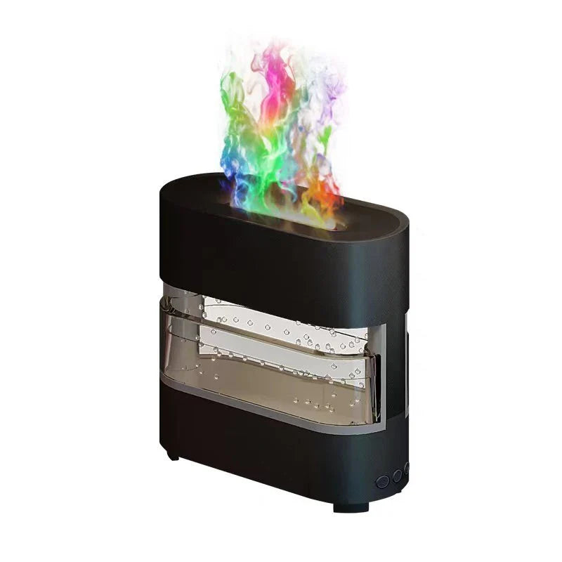 Premium Aroma Diffuser with realistic flame, rain simulation, and customizable LED lights for a relaxing atmosphere